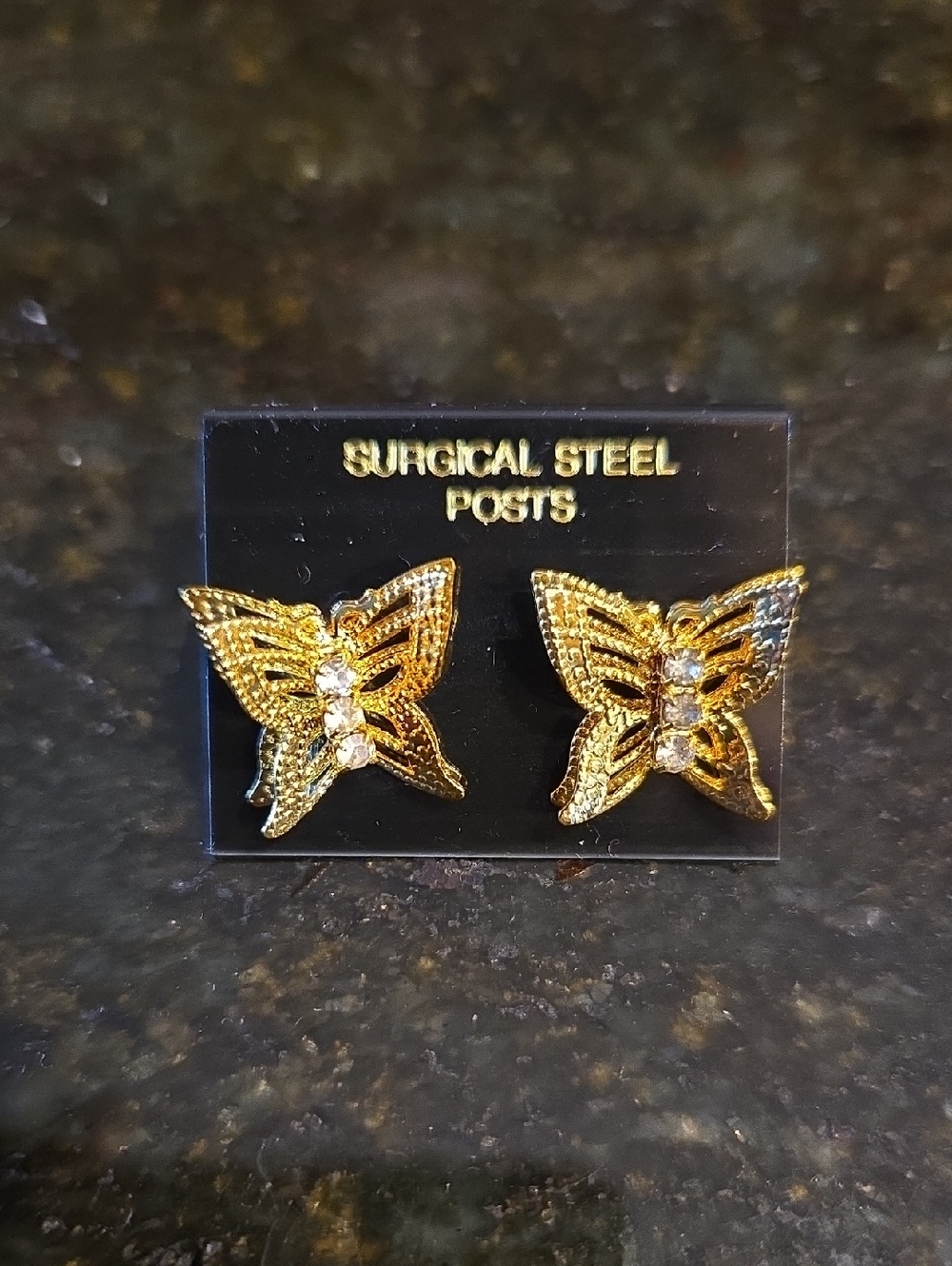 Gold Tone Butterfly Stud Pierced Stud Earrings 3D, Rhinestone, Surgical Steel
